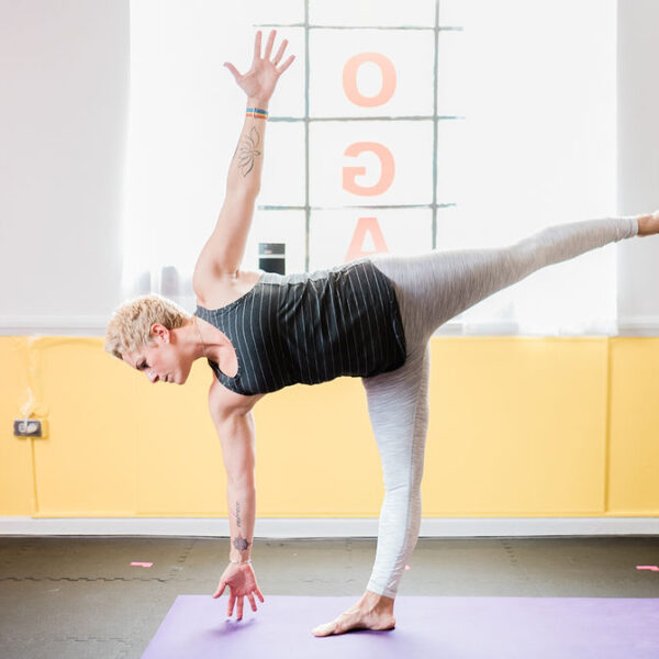 gretchen schock is half moon pose ardha chandrasana at Bee Yoga Fusion