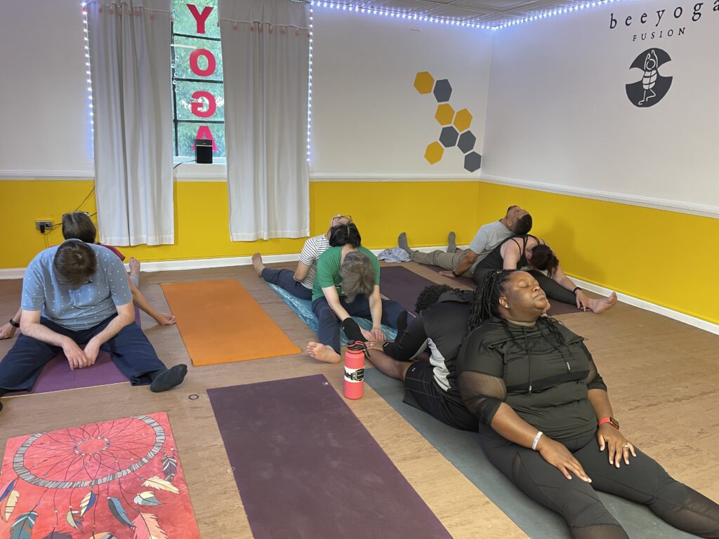 Couples connection workshop at Bee Yoga Fusion. Gentle yoga stretching for couples