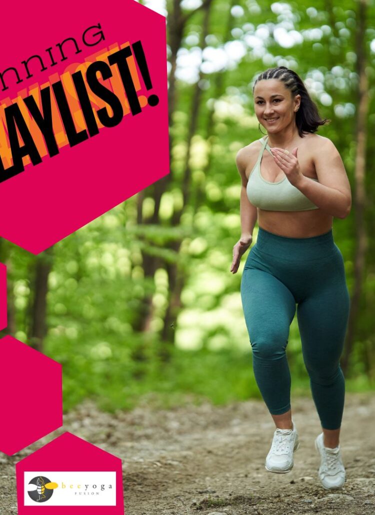 larger bodied woman of color running on a trail in the woods wearing leggings and a sports bra