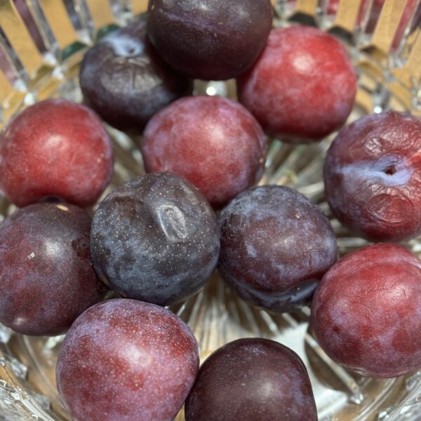 a bowl of plums that are at the end of their life in a crystal bowl