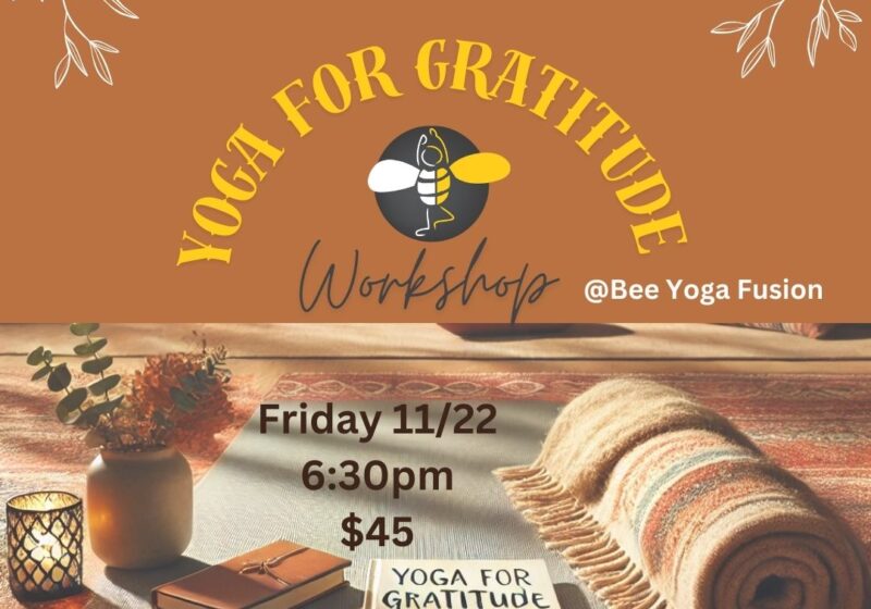 Yoga for Gratitude Workshop a picture of a yoga mat in fall colors with a journal and candle nearby and the workshop information written