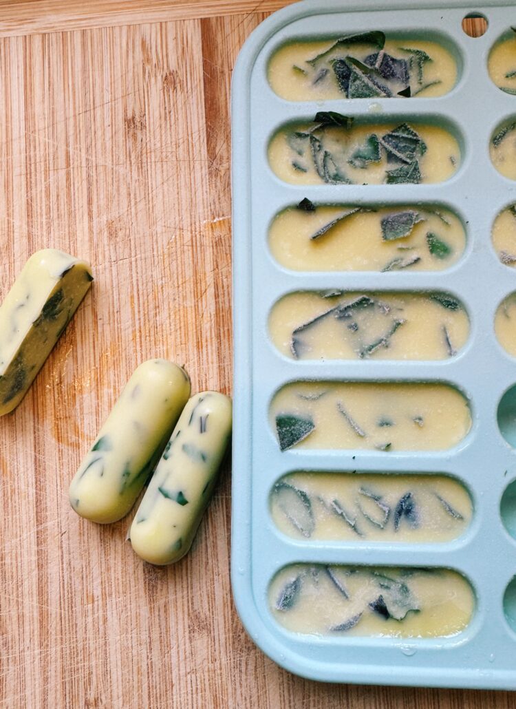 frozen fresh basil and olive oil in ice cube trays