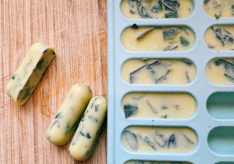 frozen fresh basil and olive oil in ice cube trays