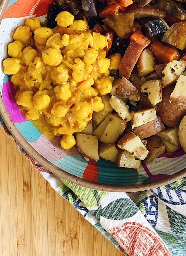 Curry Chickpea with a side of roasted potatoes and roasted vegetables