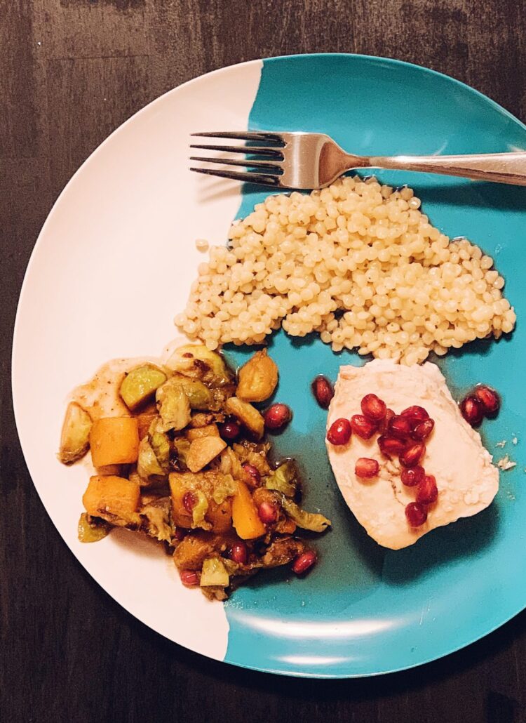 pomegranate honey glaze over swordfish with cous cous and roasted veggies