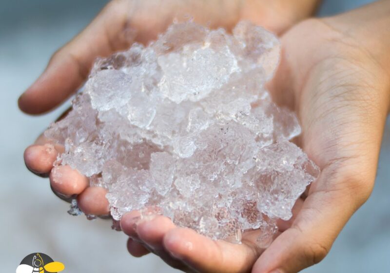 two hands holding small ice cubes