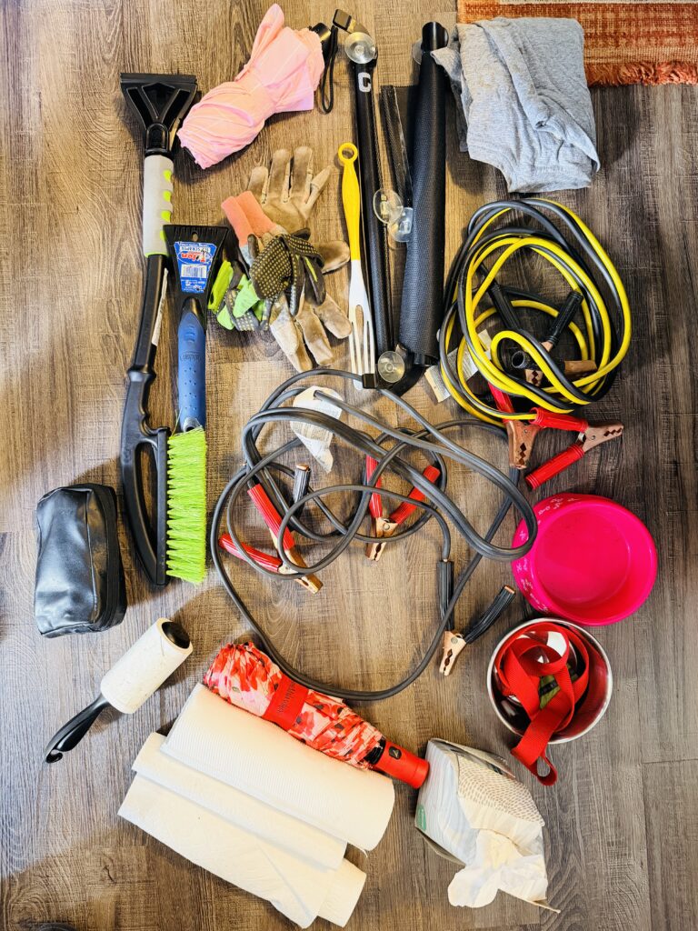 a spare dog leash (for the many lost dogs I’ve encountered),
two collapsible bowls (for said dogs),
two sets of jumper cables,
two umbrellas,
three rolls of paper towels,
two pairs of gardening gloves,
sunshades for backseat passengers,
two ice scrapers,
and a bag of tools my dad gave me when I was sixteen—a bag that’s traveled with me through every car I’ve owned.